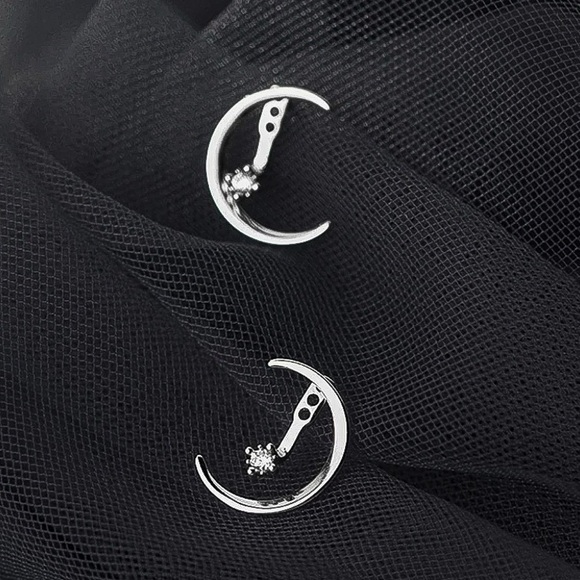 Any 3/$25! Silver Crescent Moon w/Floating Crystal Jacket Back Earrings - Picture 2 of 4